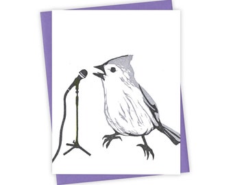 Talent Show titmouse card – Letterpress greeting card with songbird and mircophone – Original block print notecard