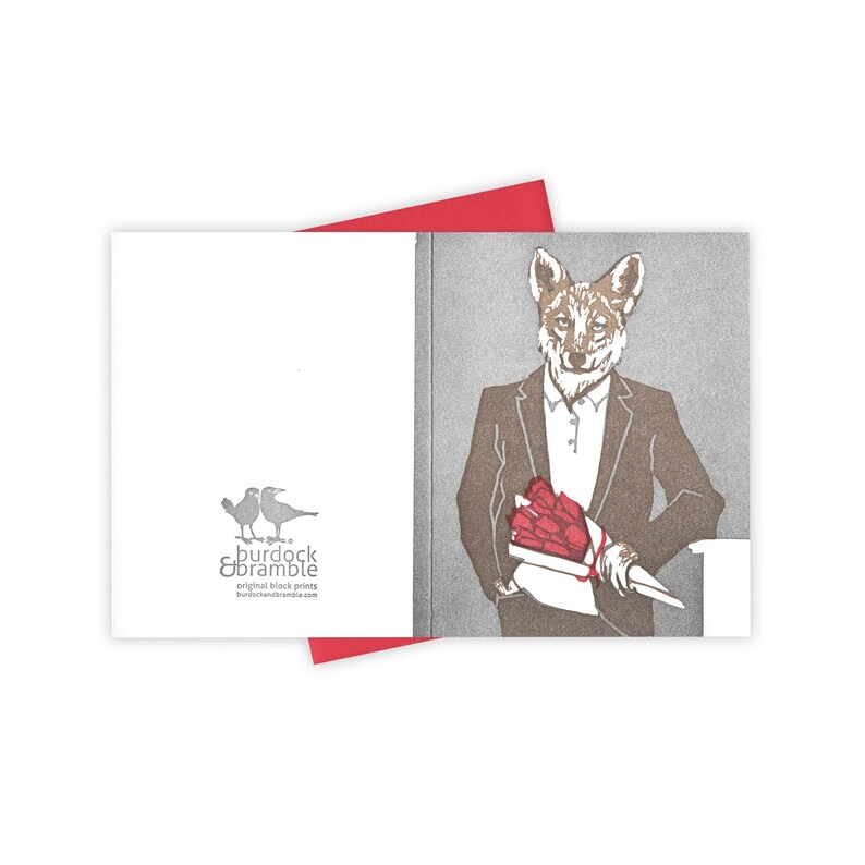 Red Roses coyote card Letterpress greeting card with coyote and floral gift Original block print notecard image 2