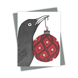 Trim the Tree grackle card – Holiday letterpress card with bird carrying ornament – Original block print notecard