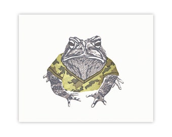 Camouflaged toad – 8x10 original block print with toad in a fashionable camo t-shirt