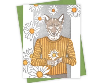 Daisy coyote card – Letterpress greeting card with coyote and flowers – Original block print notecard
