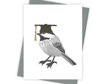 Commencement Day chickadee card – Letterpress greeting card with songbird in graduation cap – Original block print notecard