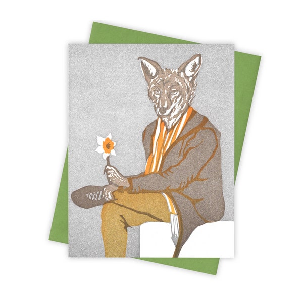 Narcissus coyote card – Letterpress greeting card with coyote holding daffodil – Original block print notecard