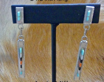Earrings Sterling Dangle Zuni made with Inlay Turquoise multi stones Pierced Ears