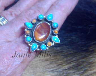 Sterling ring with turquoise and Orange Spiny Oyster Vintage Native American Size 8.5