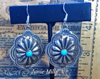 Earrings Sterling Hand Stamped Concho with Turquoise Hook Wires signed by Navajo Arnold Blackgoat