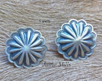 Earrings Sterling Silver Concho Native Joe Harris Stamped Post for Pierced Ears 1 inch Vintage