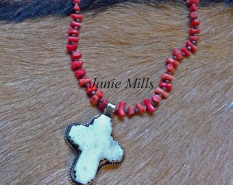 Cross Necklace Sterling Bone and Red Coral