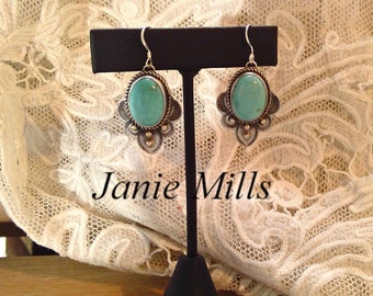 Earrings Sterling with Turquoise Hook Wires signed by Navajo Randall Endito