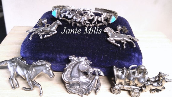 Horse Silver Turquoise Cuff, Earrings, Pendant, C… - image 1