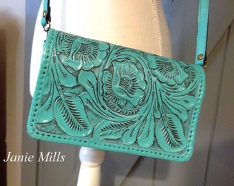 Leather Hand Tooled Purse Turquoise Cross Body