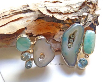 Pendant or Ring Sterling Blue Topaz Agate Druzy Larimar Choice in Set