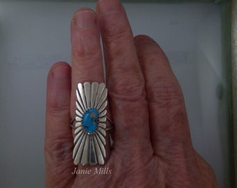 Ring Shield Style Sterling Silver with Turquoise Size 7.5 US