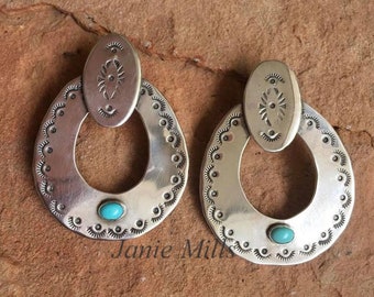 Earrings Sterling Silver, Turquoise, Hand Stamped, Pierced Ears Forged by Janie Mills Studio