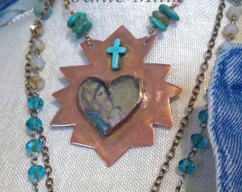 Necklace Hand Forged Copper Sacred Heart Mother and Child, Resin, Turquoise, Sea Glass, Crystals on vintage and Hand Made Chain