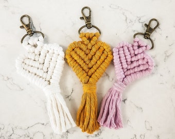 Heart Macrame Keychain, Boho Keychain, Backpack Charm, Available in Many Colors, Handmade in the United States