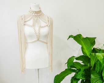 Handmade Beige Macrame Epaulette, Shoulder Boho Top for Festival or Photoshoot, Rave