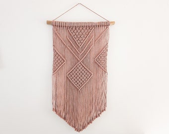 Macrame Wall Hanging - 3 Foot Length, Mauve Cotton Rope, Boho Chic Farmhouse Decor for Bedroom, Driftwood, Living Room, Hand Mad