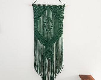 Handmade Forest Green Macrame Wall Hanging, Bohemian Decor, Narrow and Long, Wall Decor, Woven Wall Hanging