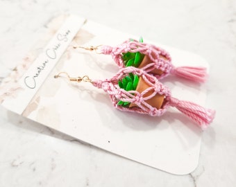 Handmade Macrame Plant Hanger Earrings: Faux Potted Plants