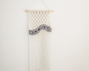 Handmade Macrame Wall Hanging: Beige Cotton & Gray Woven Cord