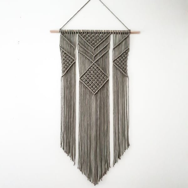 Large Gray Macrame Wall Hanging: Boho Woven Tapestry, 21.5x36 in