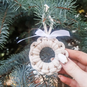 Macrame Beige and Gold Ornament, Christmas Ornament, Boho Ornament, Macrame Ornament, Circle Ornament