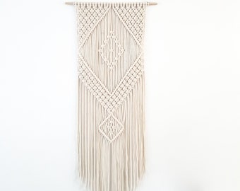 Handmade Beige Macrame Wall Hanging, Bohemian Decor, Narrow and Long, Wall Decor, Woven Wall Hanging