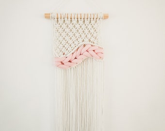 Handmade Macrame Wall Hanging: Beige Cotton & Pink Woven Cord