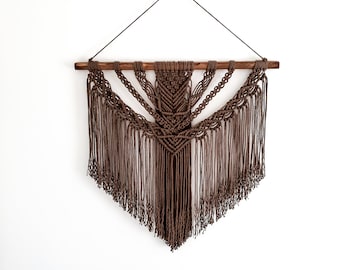 Large Brown Macrame Wall Hanging: Boho Woven Tapestry on Wood