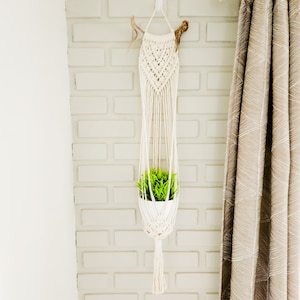 May include: A white macrame plant hanger with a small green plant in a white pot hanging from a hook on a white brick wall. A brown curtain is to the right of the hanger.