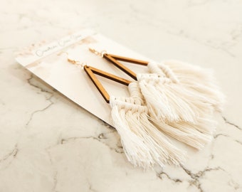 Triangle Macrame Earrings: Boho Wood & Cotton Earrings