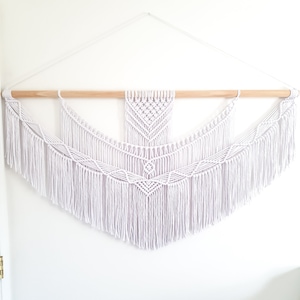 Handmade White Macrame Wall Hanging: Cotton Rope on Wood Dowel