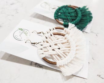 Handmade Macrame Hoop Dangle Earrings, Wood and Fiber