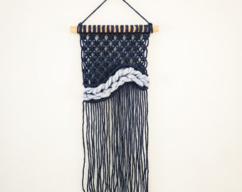 Small Macrame Wall Hanging: Navy & Light Blue Cotton Tapestry