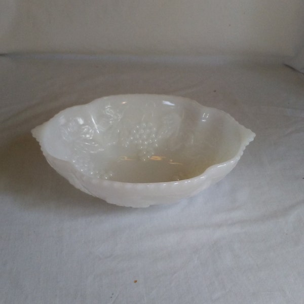 Milk Glass Bowl/Milk Glass Serving Bowl with Grape Leaf Pattern/MilkGlass