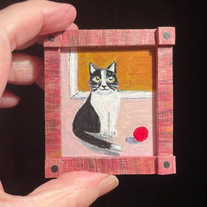 Original Miniature Primitive Cat painting for dollhouse framed