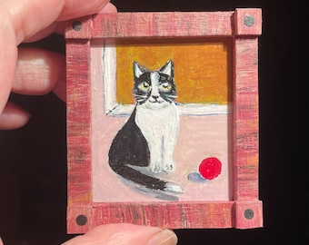 Original Miniature Primitive Cat painting for dollhouse framed