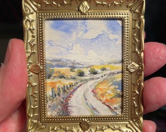 Miniature Original Watercolor Landscape with Vintage Style Gold Frame