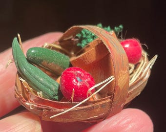 Miniature garden trug basket with vegetables