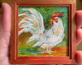 Miniature  original Rooster painting for dollhouse original framed