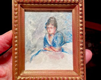 Miniature Watercolor Portrait in a Gold Hobnail Wooden Frame