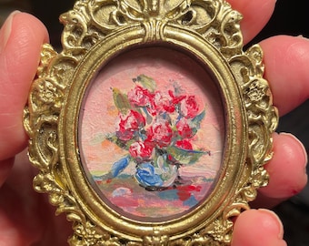 Miniature Floral Painting with Vintage Style Oval Gold Frame