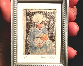 Original Miniature Art Etching, Mother and Child