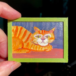 Original Miniature Primitive Cat painting for dollhouse framed