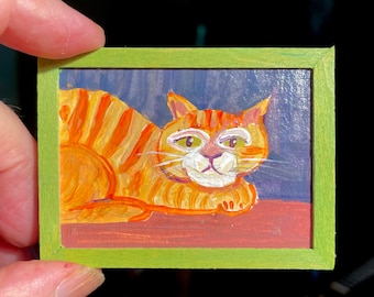 Original Miniature Primitive Cat painting for dollhouse framed