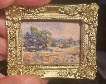 Miniature Gouache Landscape with Vintage Style Gold Frame