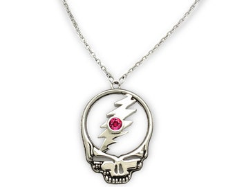 Grateful Dead Steal Your Face Birthstone Necklace | Silver