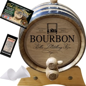 Personalized American Oak Aging Barrel - Design 402: Your Bourbon Distilling Co, Natural Oak With Black Hoops