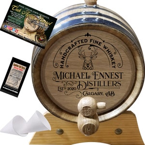 Personalized American Oak Aging Barrel - Design 303: Barrel Aged Whiskey, Natural Oak With Black Hoops